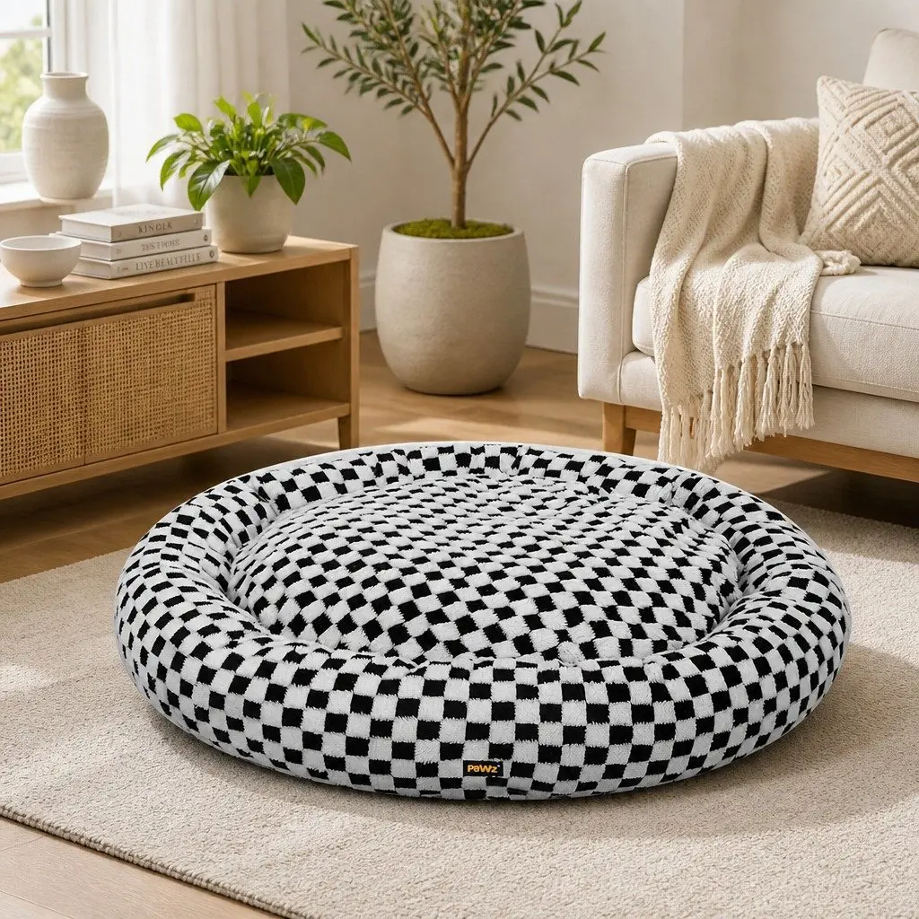 Circular Plush Dog Bed Checkered Removable Washable Cover 80cm