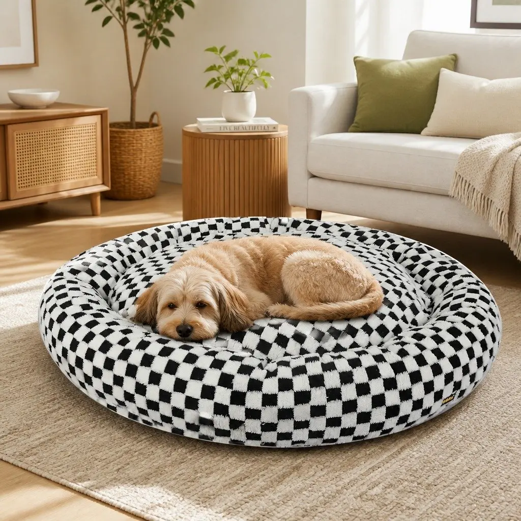 Circular Plush Dog Bed Calming Pet Cosy Washable Removable Cover Non-Slip Base