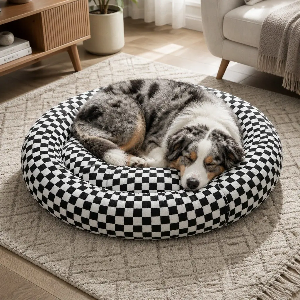Circular Plush Dog Bed Calming Pet Cosy Washable Removable Cover Non-Slip Base