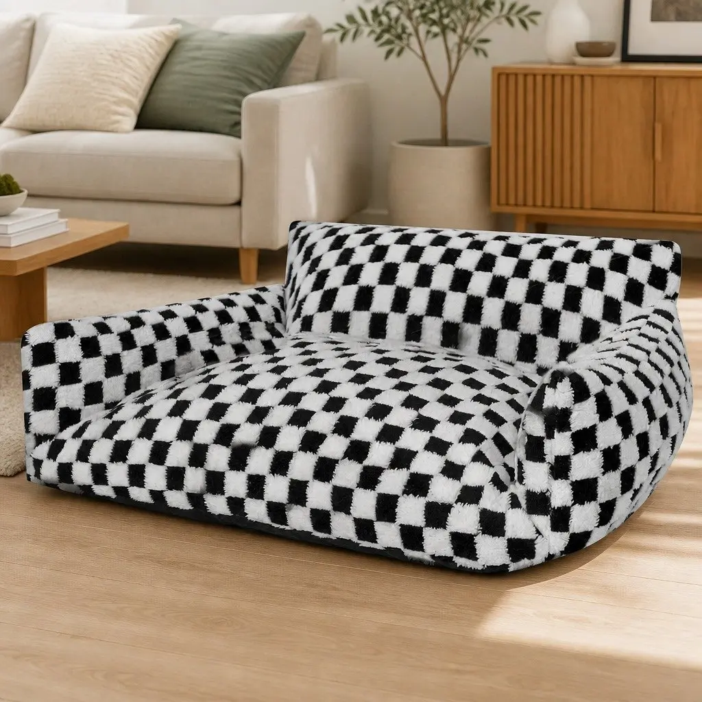 Plush Checkered Pet Bed Dog Cat Bed Washable Removable Cover Non-Slip Base