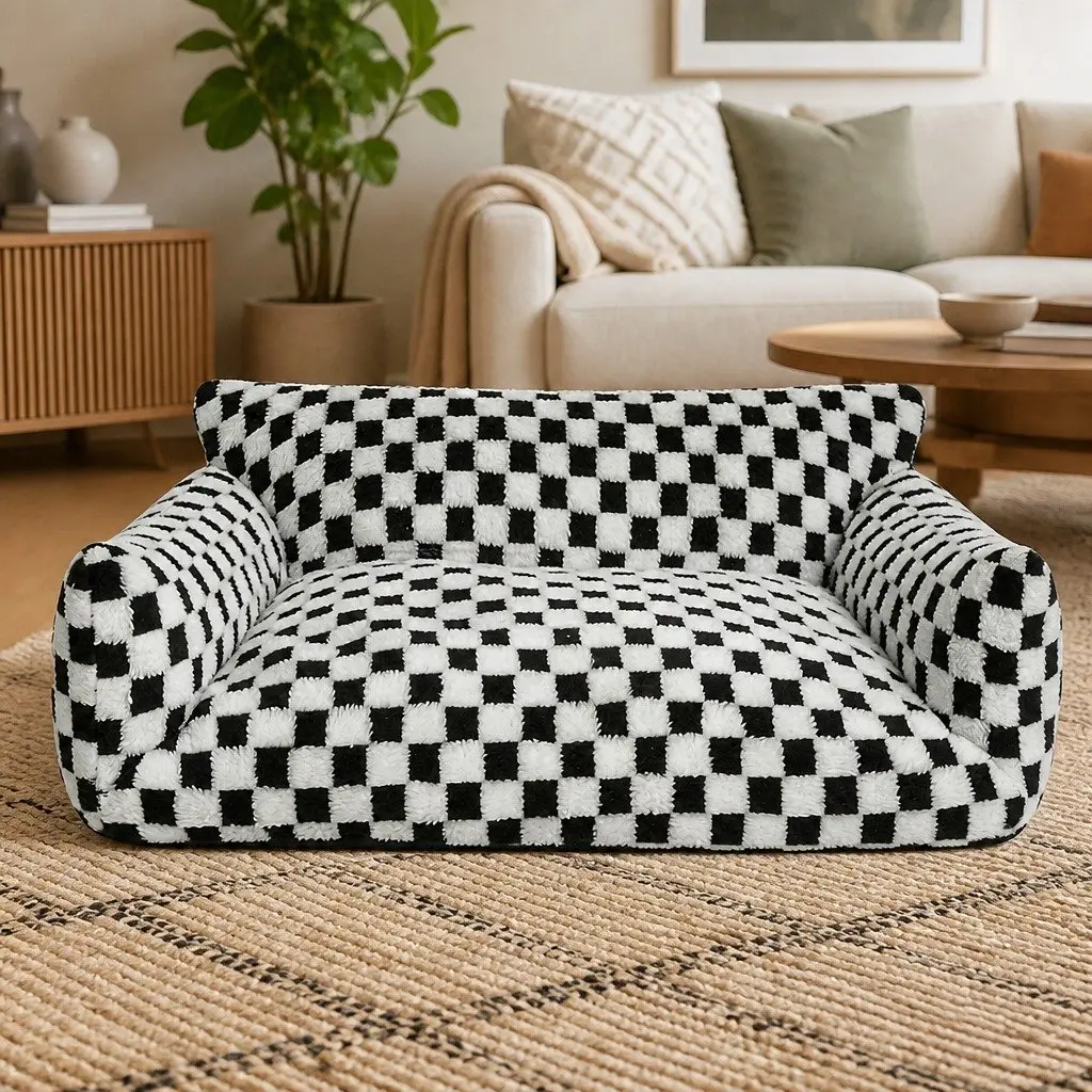 Plush Checkered Pet Bed Dog Cat Bed Washable Removable Cover Non-Slip Base