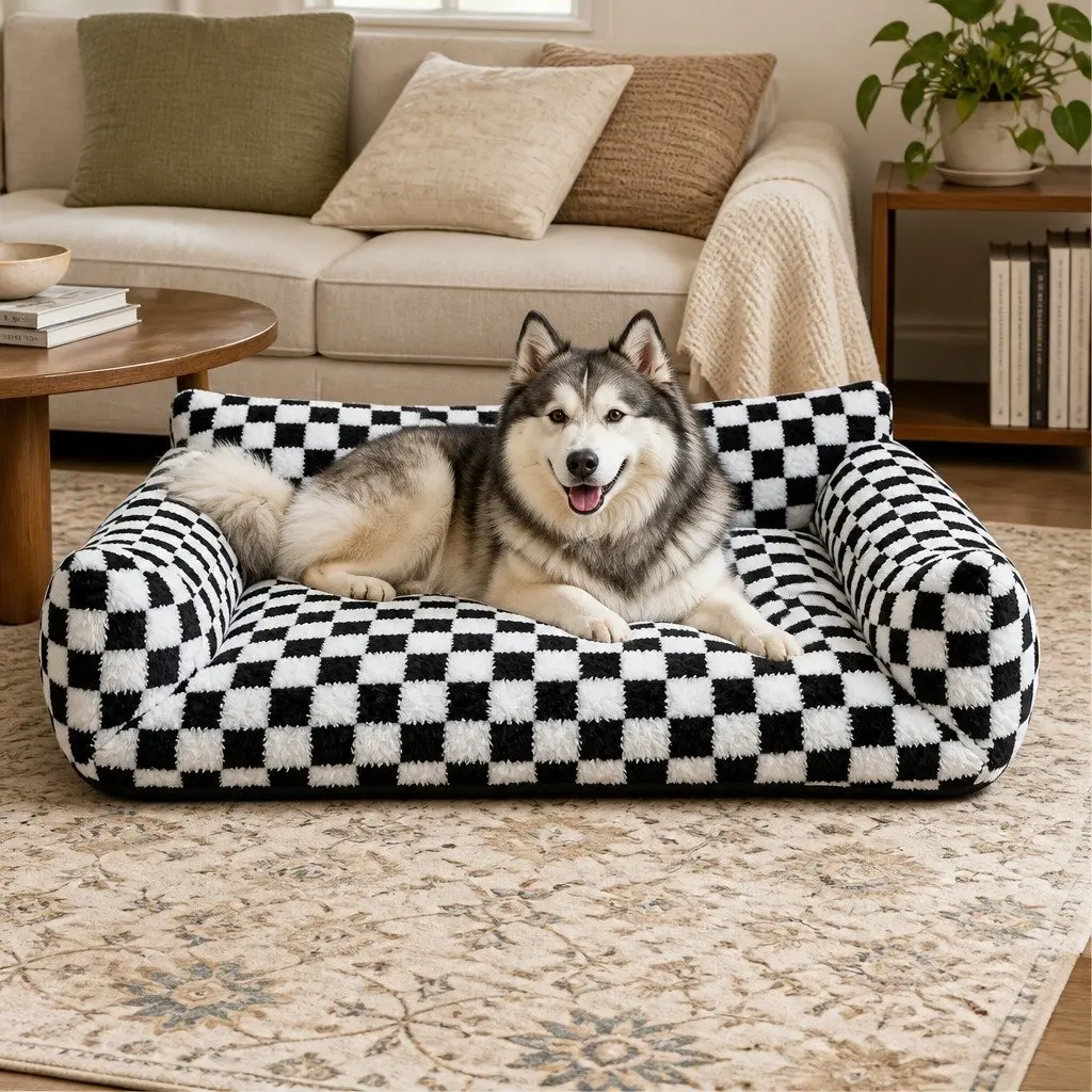 Plush Checkered Pet Bed Dog Cat Bed Washable Removable Cover Non-Slip Base