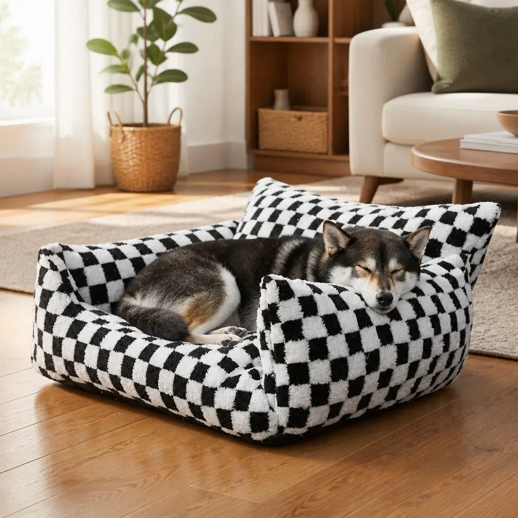 Plush Checkered Pet Bed Dog Cat Bed Washable Removable Cover Non-Slip Base