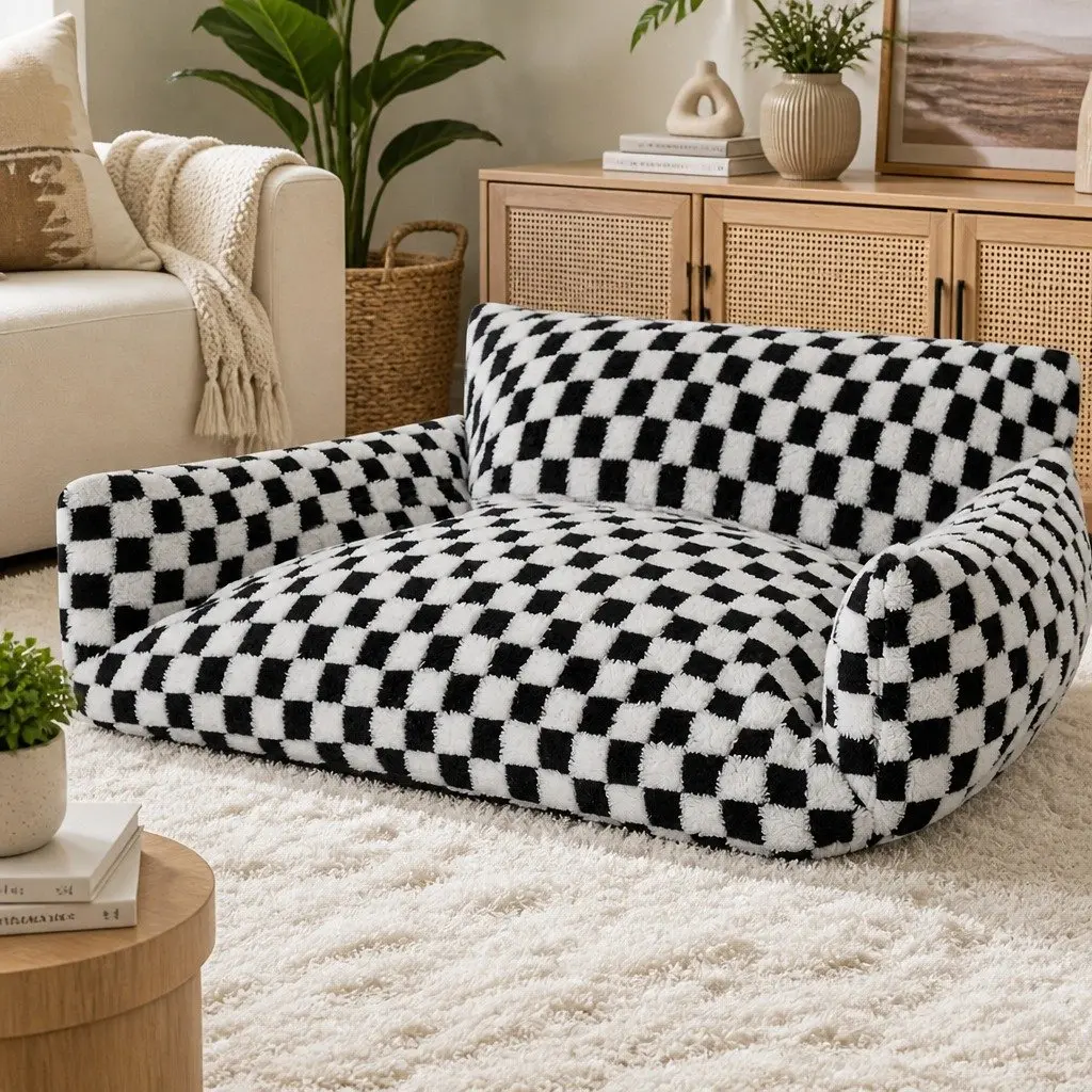 Plush Checkered Pet Bed Dog Cat Bed Washable Removable Cover Non-Slip Base