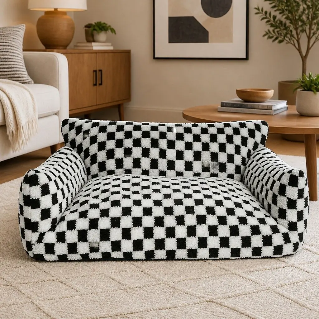 Pet Bed Plush Checkered Washable 70cm x 50cm x 35cm