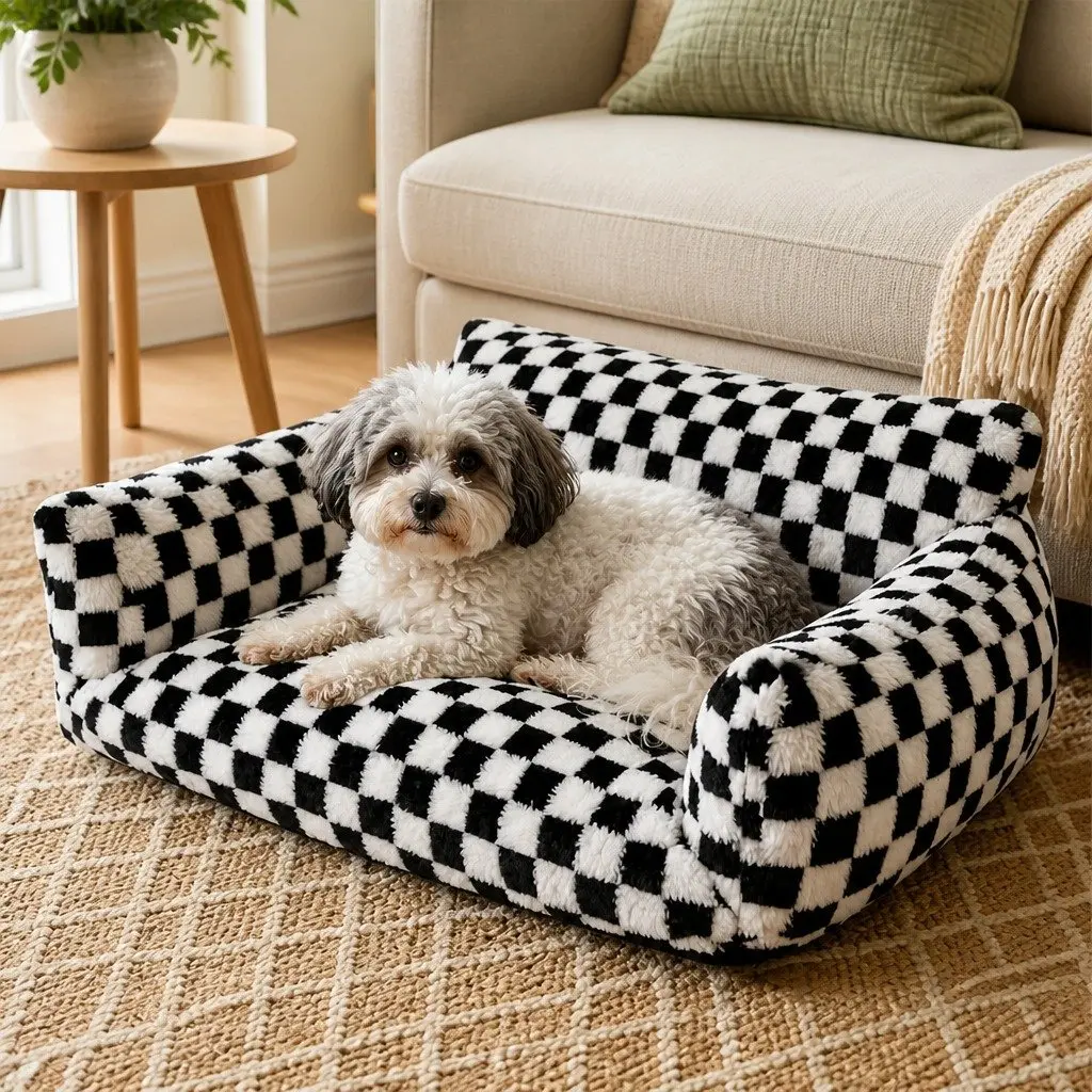 Pet Bed Plush Checkered Washable 70cm x 50cm x 35cm