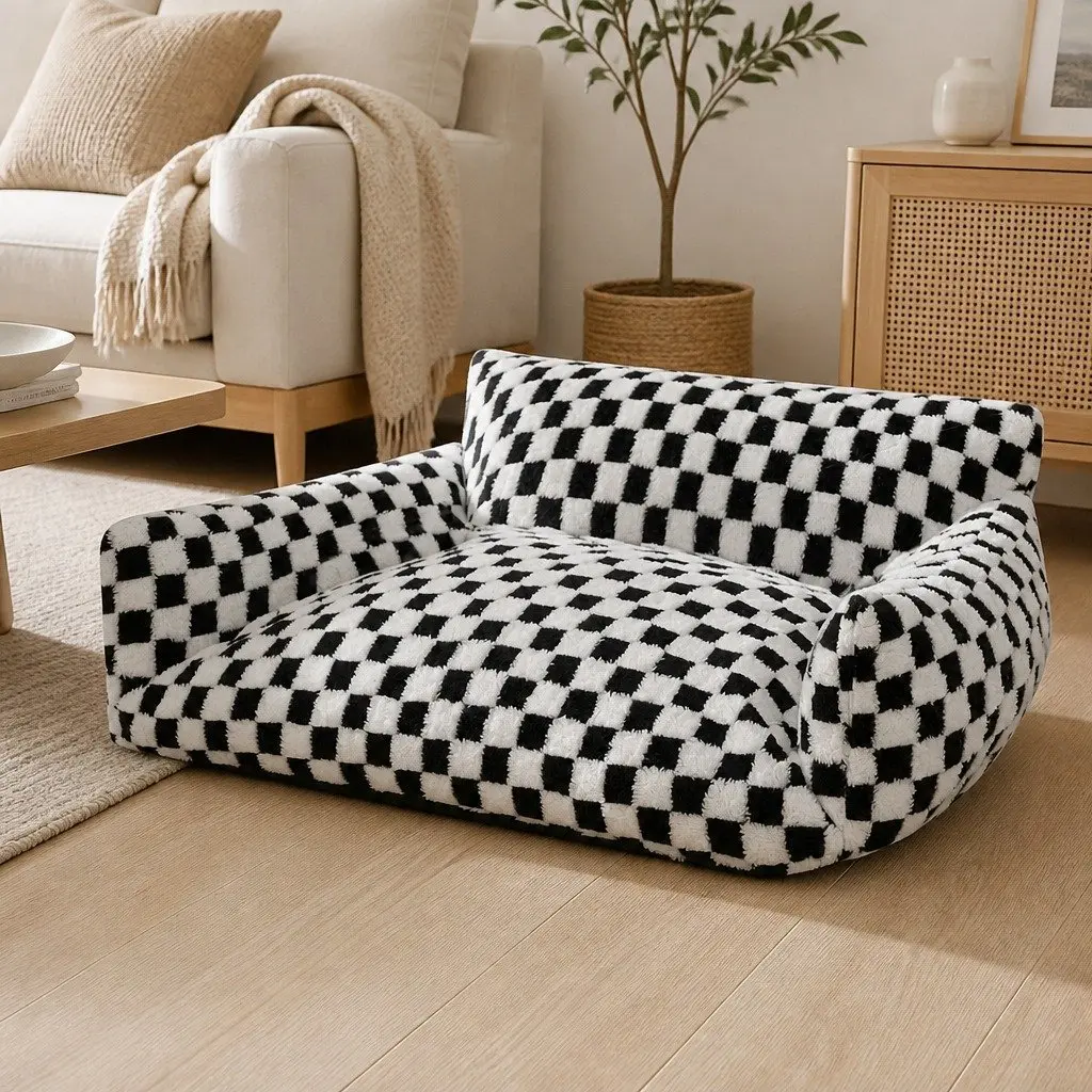 Pet Bed Plush Checkered Washable Removable Cover 60cm x 50cm x 35cm