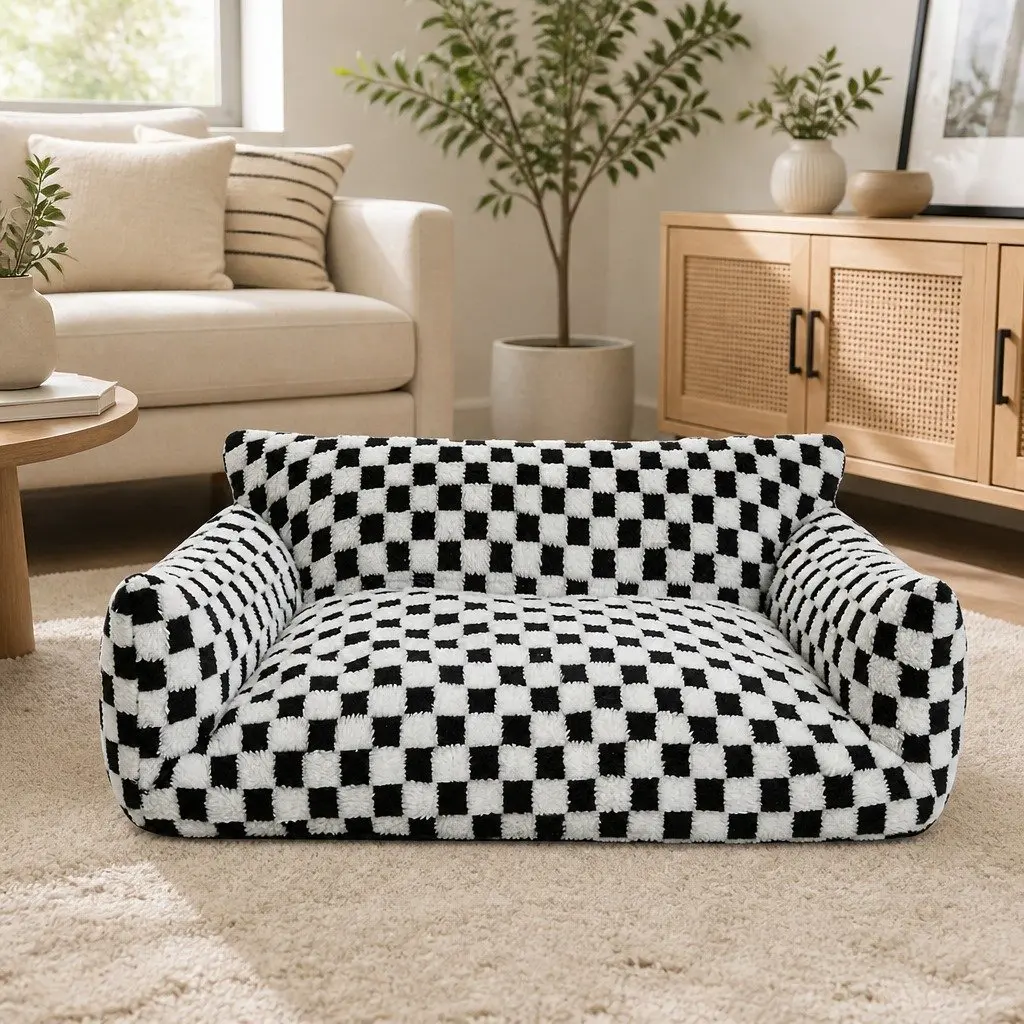 Pet Bed Plush Checkered Washable Removable Cover 60cm x 50cm x 35cm