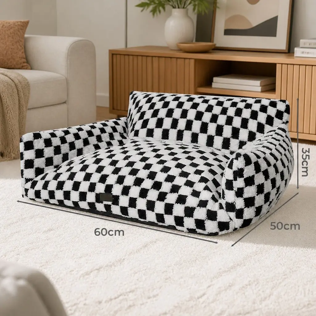 Pet Bed Plush Checkered Washable Removable Cover 60cm x 50cm x 35cm