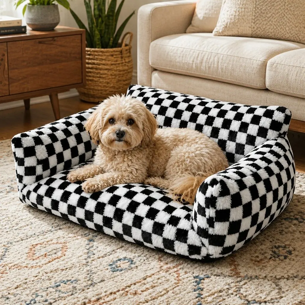 Pet Bed Plush Checkered Washable Removable Cover 60cm x 50cm x 35cm
