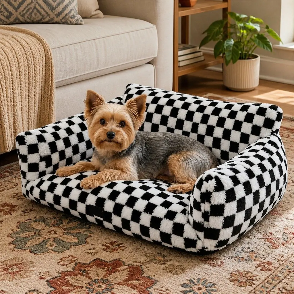 Pet Bed Plush Checkered Washable Removable Cover 60cm x 50cm x 35cm