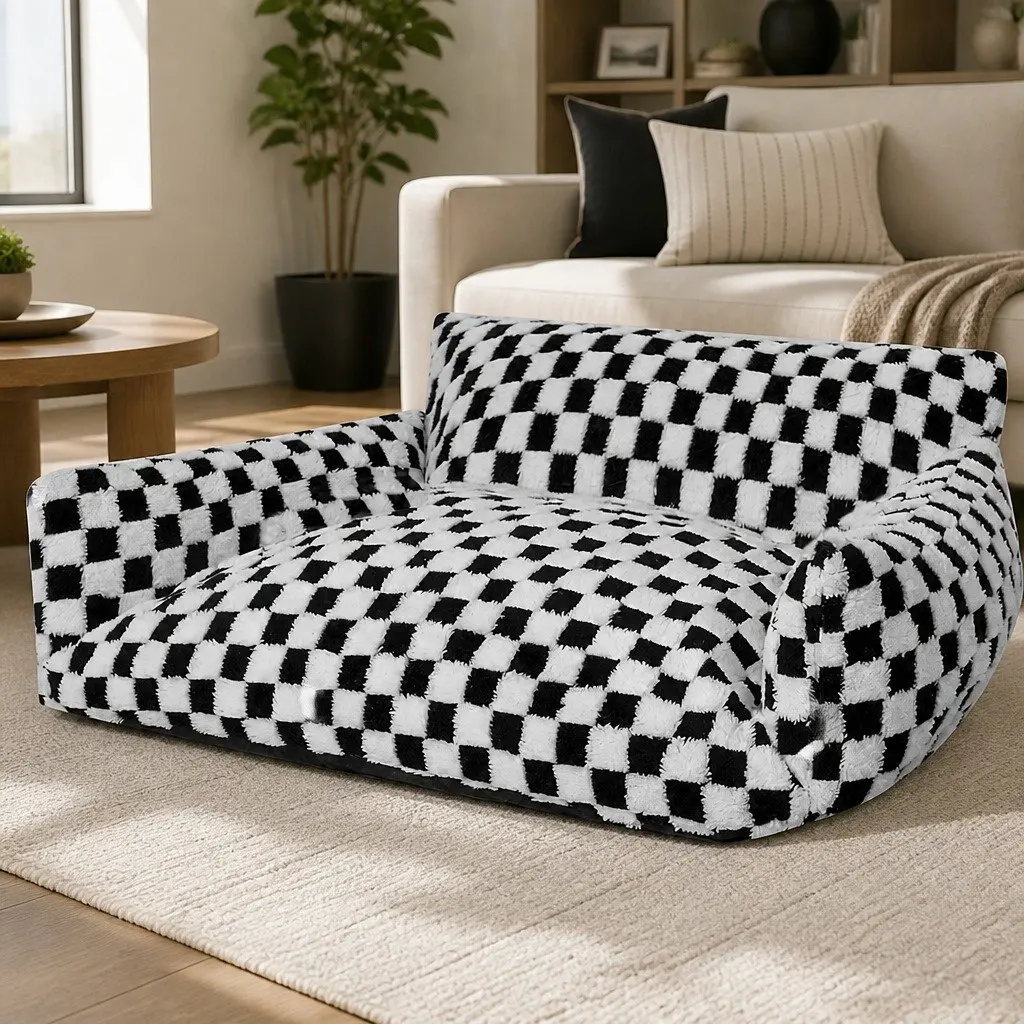 Pet Bed Plush Checkered Washable Removable Cover 60cm x 50cm x 35cm
