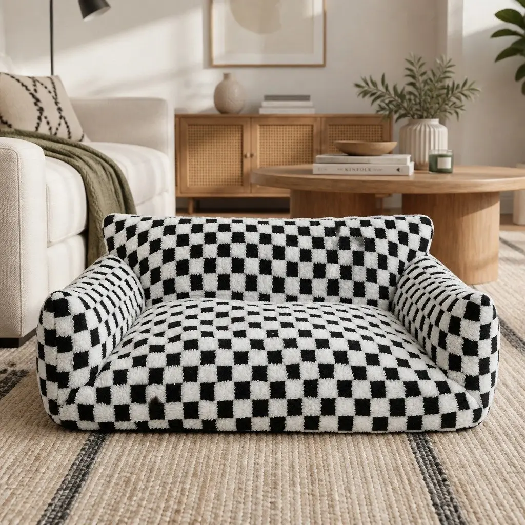 Pet Bed Plush Checkered Dog Cat Bed Washable Removable Cover Raised Bolsters