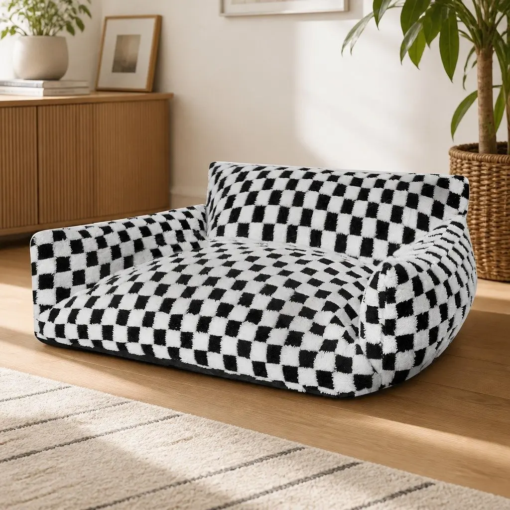 Pet Bed Plush Checkered Dog Cat Bed Washable Removable Cover Raised Bolsters