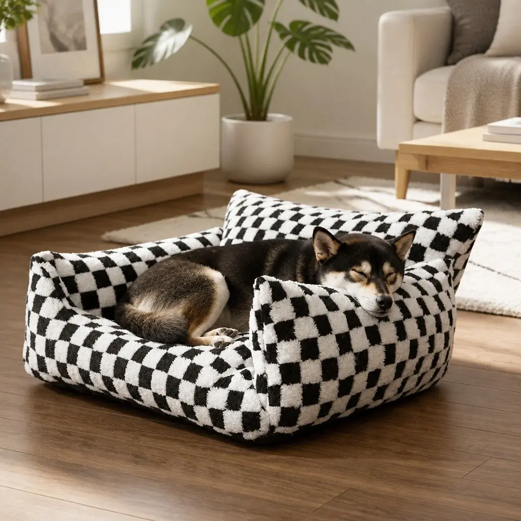 Pet Bed Plush Checkered Dog Cat Bed Washable Removable Cover Raised Bolsters