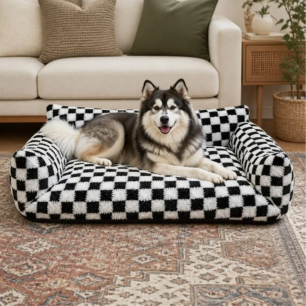 Pet Bed Plush Checkered Dog Cat Bed Washable Removable Cover Raised Bolsters