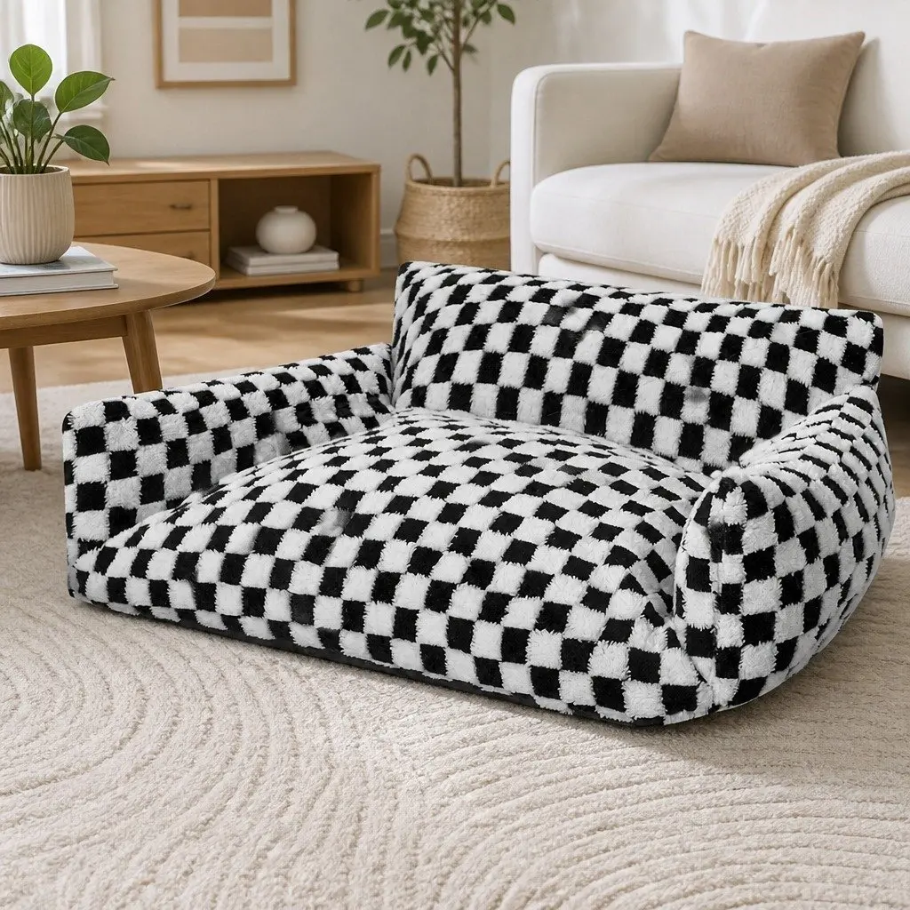 Pet Bed Plush Checkered Dog Cat Bed Washable Removable Cover Raised Bolsters