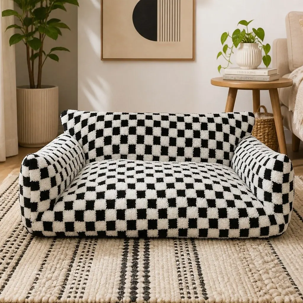Pet Bed Plush Checkered Dog Bed Cat Bed Washable Removable Cover Raised Bolsters