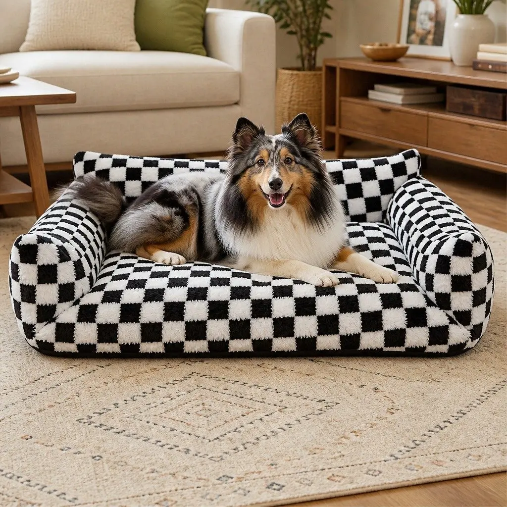 Pet Bed Plush Checkered Dog Bed Cat Bed Washable Removable Cover Raised Bolsters