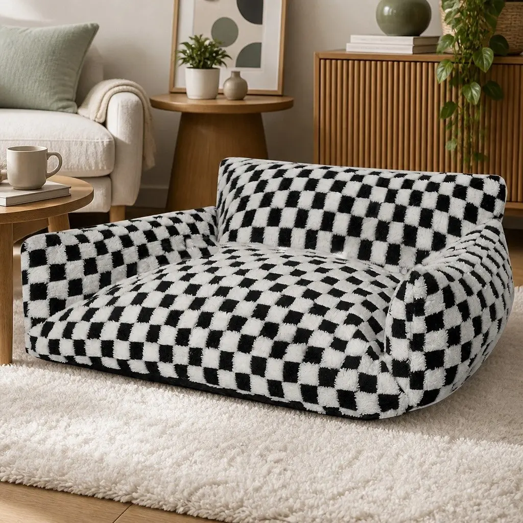 Pet Bed Plush Checkered Dog Bed Cat Bed Washable Removable Cover Raised Bolsters