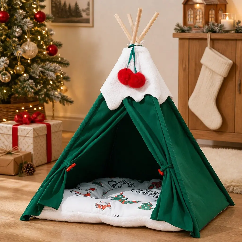 Pet Tent Bed Indoor Teepee Hideaway Washable Cushion Green Small 50 x 50 x 70 cm