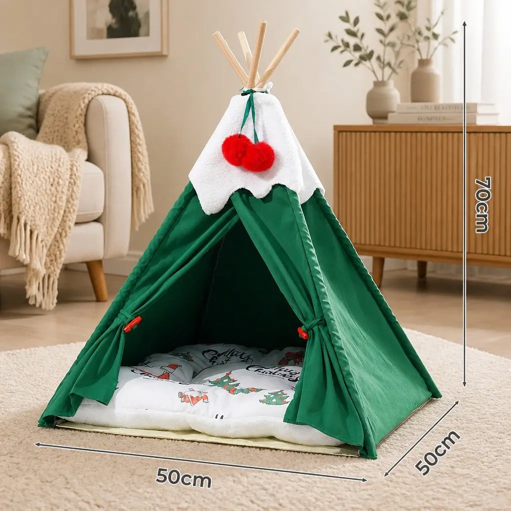 Pet Tent Bed Indoor Teepee Hideaway Washable Cushion Green Small 50 x 50 x 70 cm