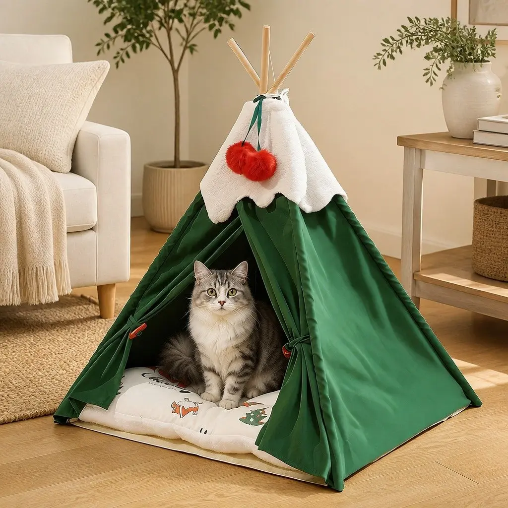 Pet Tent Bed Indoor Teepee Hideaway Washable Cushion Green Small 50 x 50 x 70 cm
