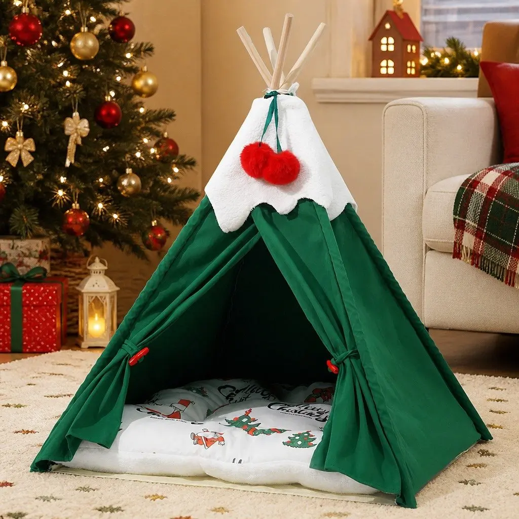 Pet Tent Bed Indoor Teepee Hideaway Washable Cushion Green Small 50 x 50 x 70 cm