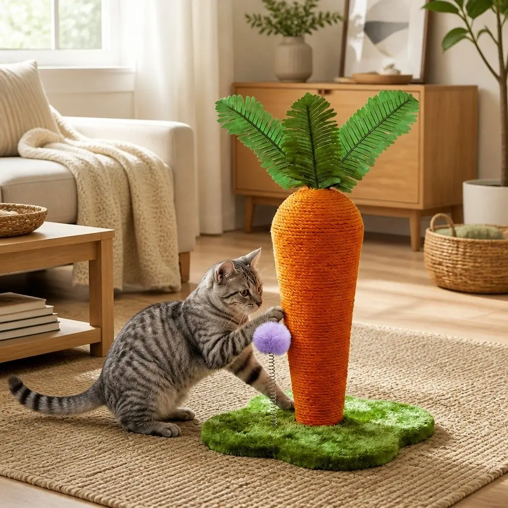 Cat Scratching Post Carrot Design Interactive Toy Sisal Rope Climbing Play Pole