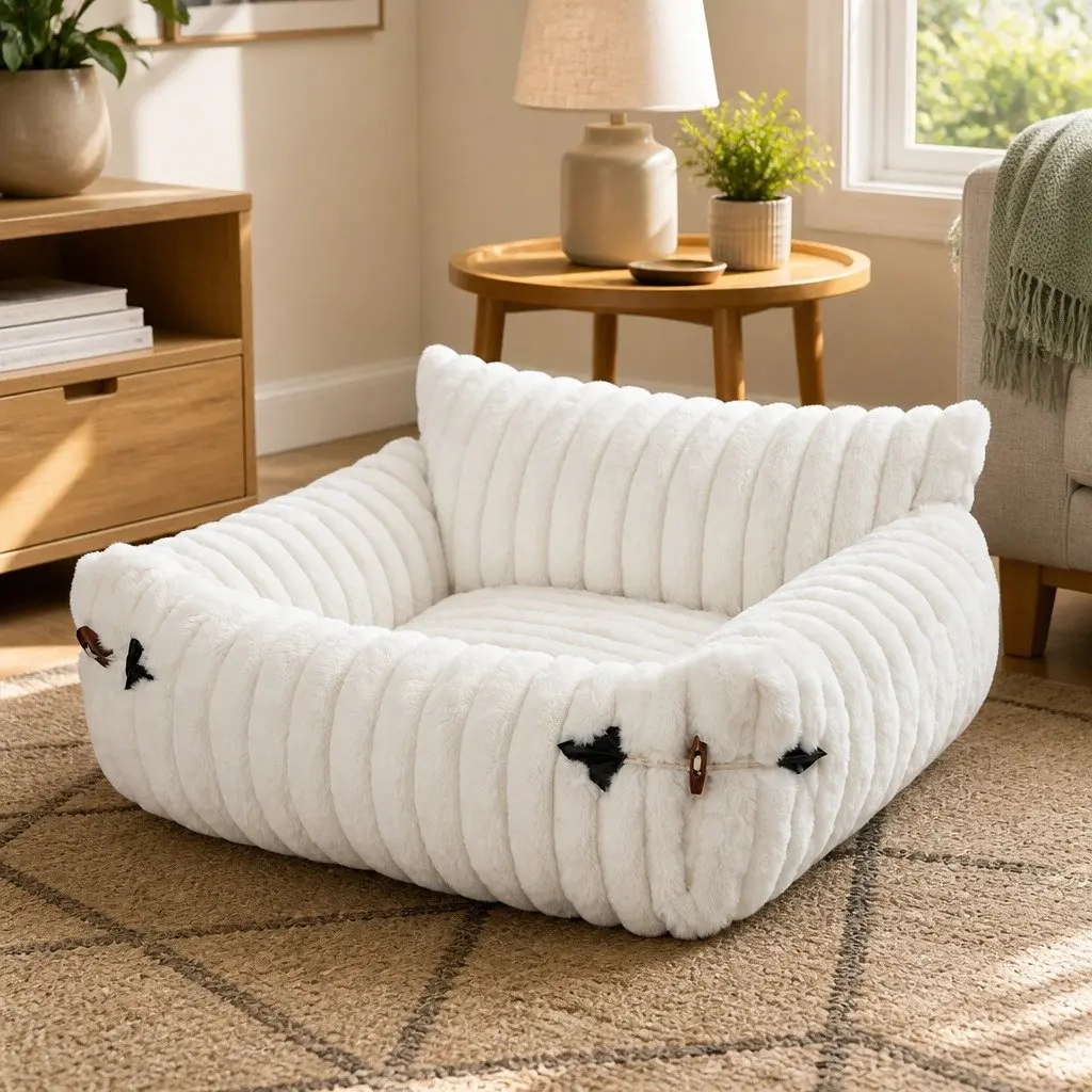 Cat Bed Sofa Couch Pet Lounge Expandable Snap Button Extended Plush Removable