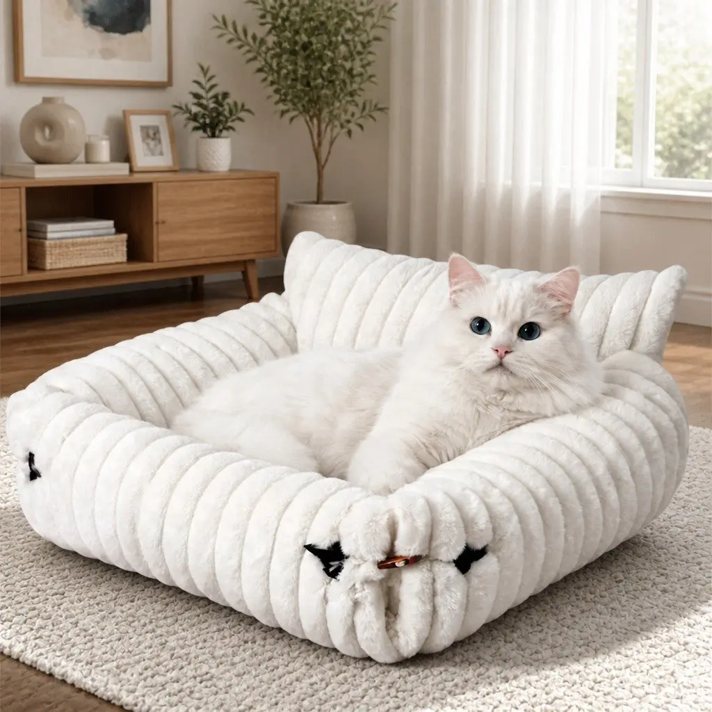 Cat Bed Sofa Couch Pet Lounge Expandable Snap Button Extended Plush Removable