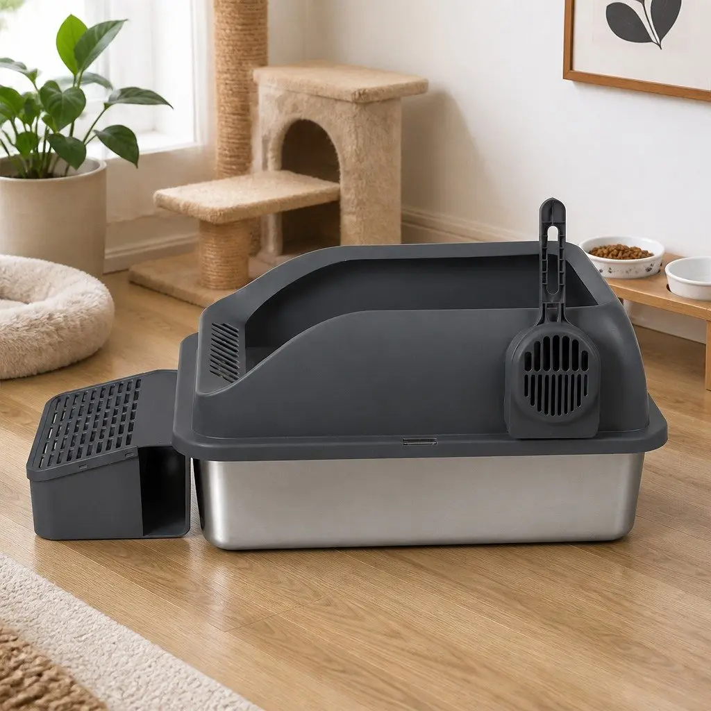 Large Semi Enclosed Cat Litter Box Grey Stainless Steel Easy Clean High Sided
