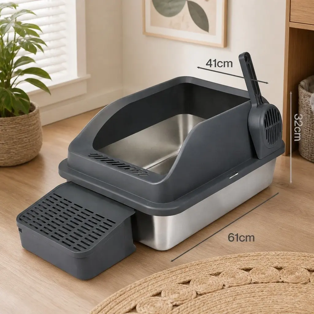 Large Semi Enclosed Cat Litter Box Grey Stainless Steel Easy Clean High Sided