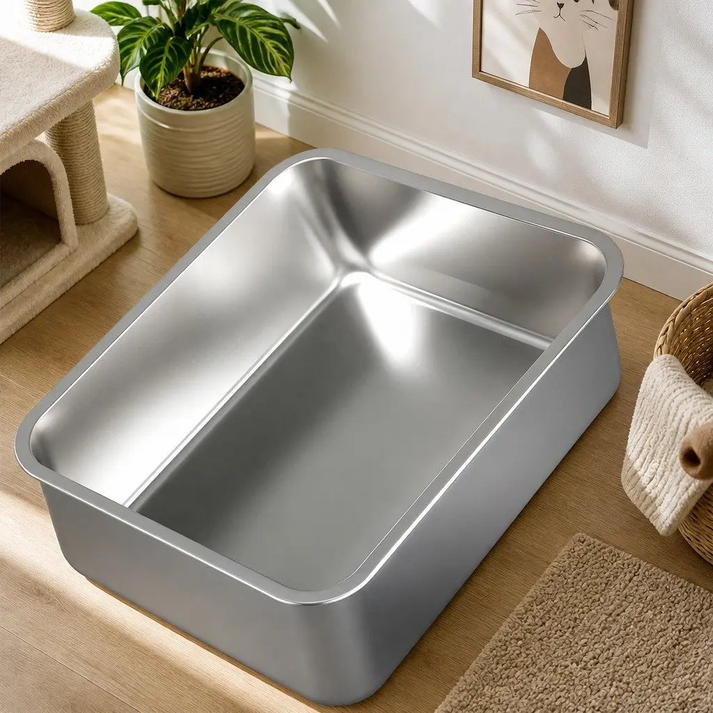 Large Semi Enclosed Cat Litter Box Grey Stainless Steel Easy Clean High Sided