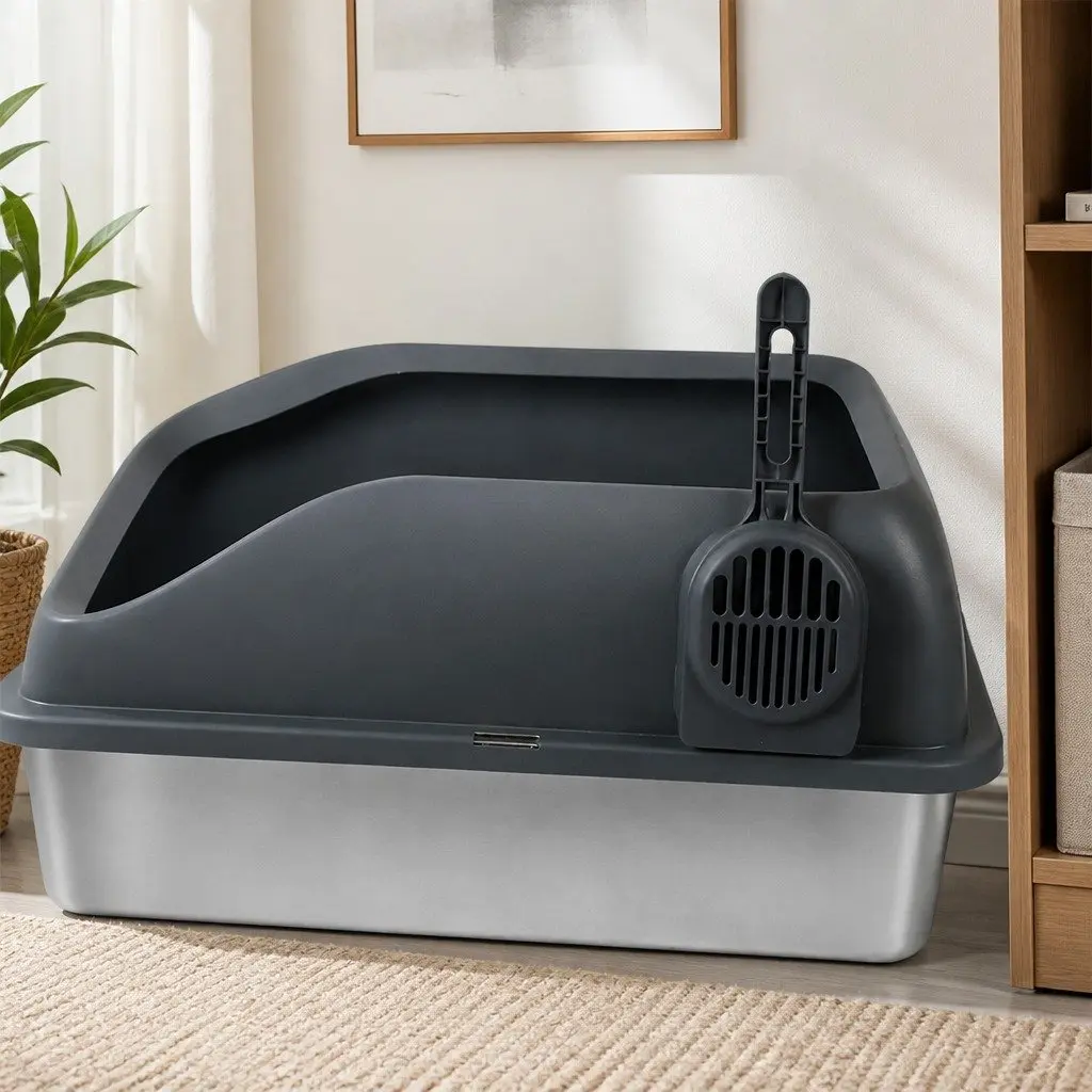 Large Semi Enclosed Cat Litter Box Grey Stainless Steel Easy Clean High Sided