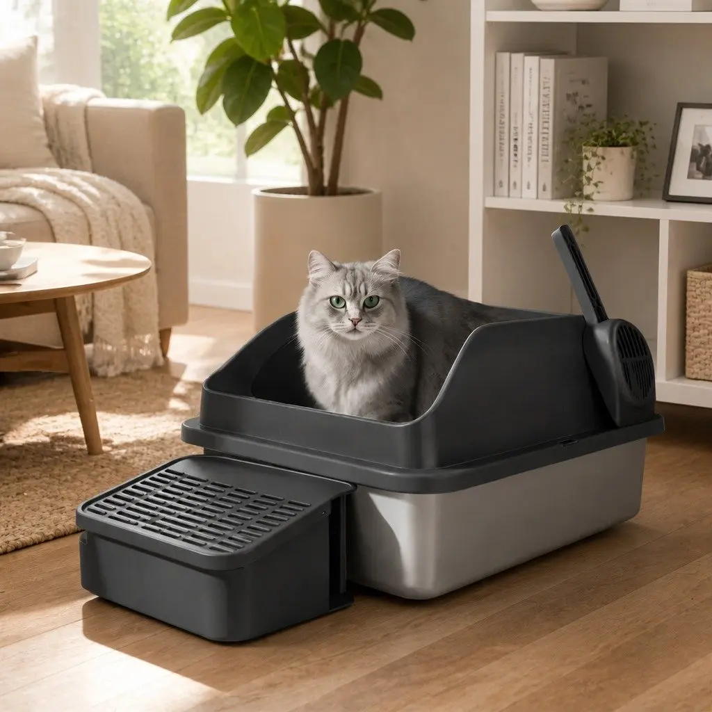 Large Semi Enclosed Cat Litter Box Grey Stainless Steel Easy Clean High Sided