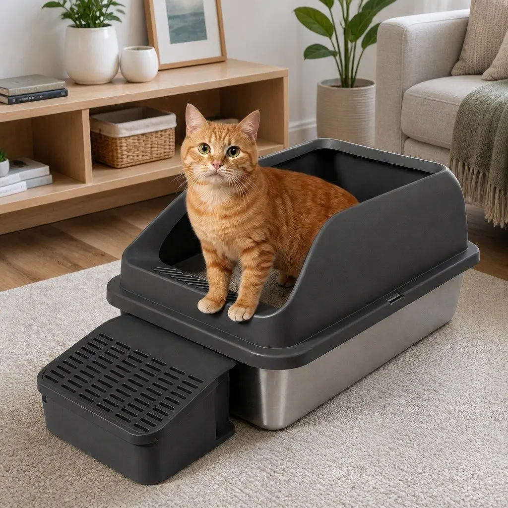 Large Semi Enclosed Cat Litter Box Grey Stainless Steel Easy Clean High Sided