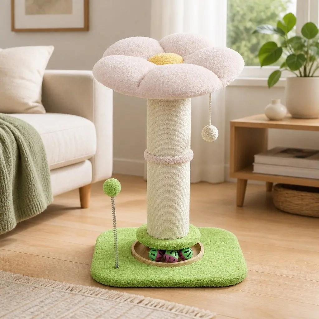 Cat Scratching Post Flower Tower Plush 61.5cm Indoor Feline Tree with Natural Sisal Wrapped Post and Interactive Play Balls