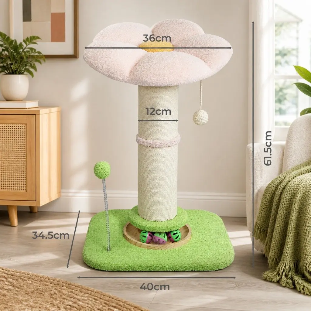 Cat Scratching Post Flower Tower Plush 61.5cm Indoor Feline Tree with Natural Sisal Wrapped Post and Interactive Play Balls