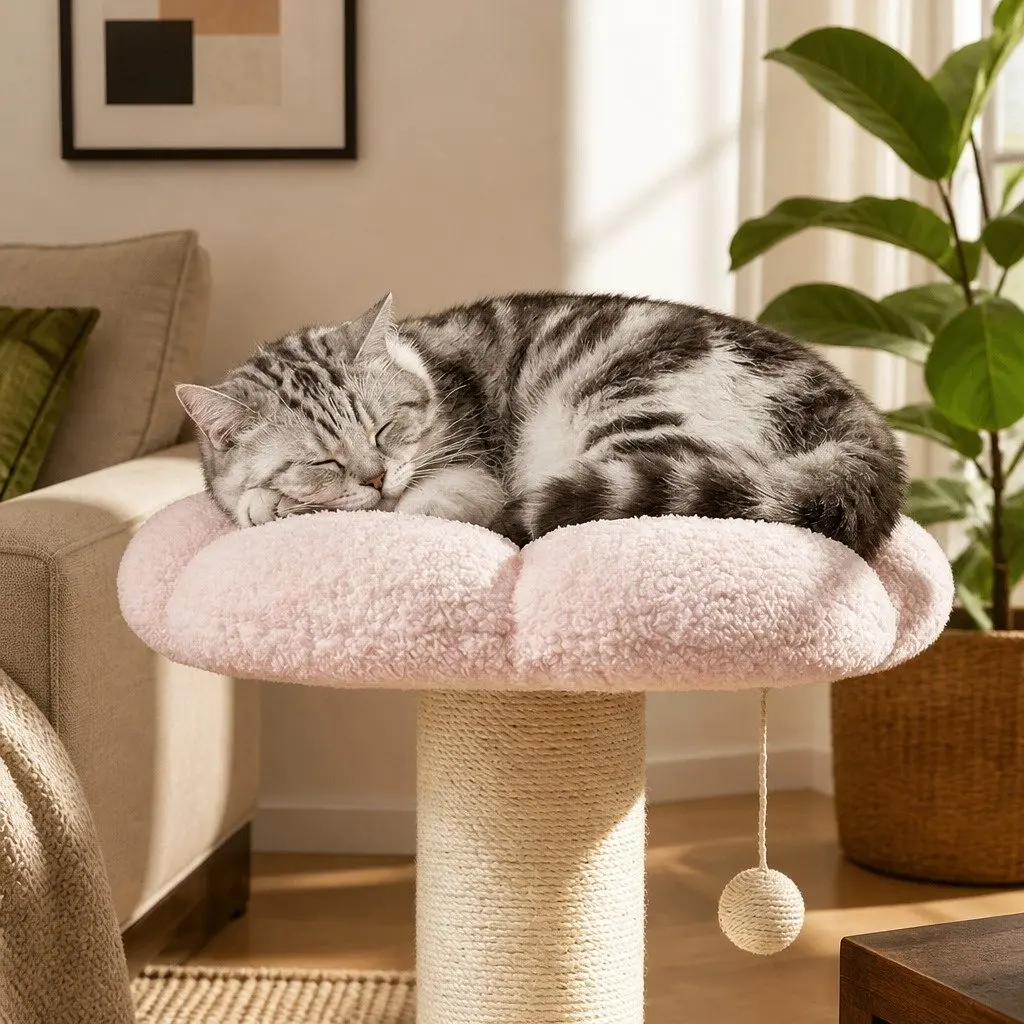 Cat Scratching Post Flower Tower Plush 61.5cm Indoor Feline Tree with Natural Sisal Wrapped Post and Interactive Play Balls