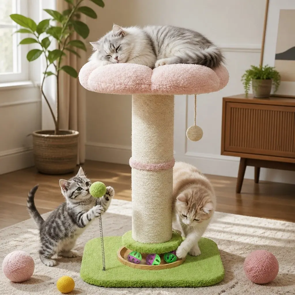 Cat Scratching Post Flower Tower Plush 61.5cm Indoor Feline Tree with Natural Sisal Wrapped Post and Interactive Play Balls