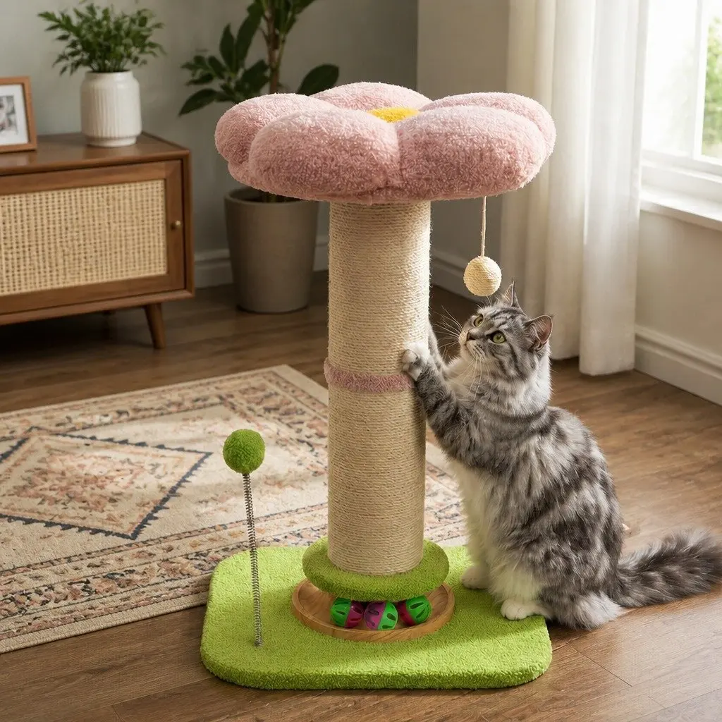 Cat Scratching Post Flower Tower Plush 61.5cm Indoor Feline Tree with Natural Sisal Wrapped Post and Interactive Play Balls