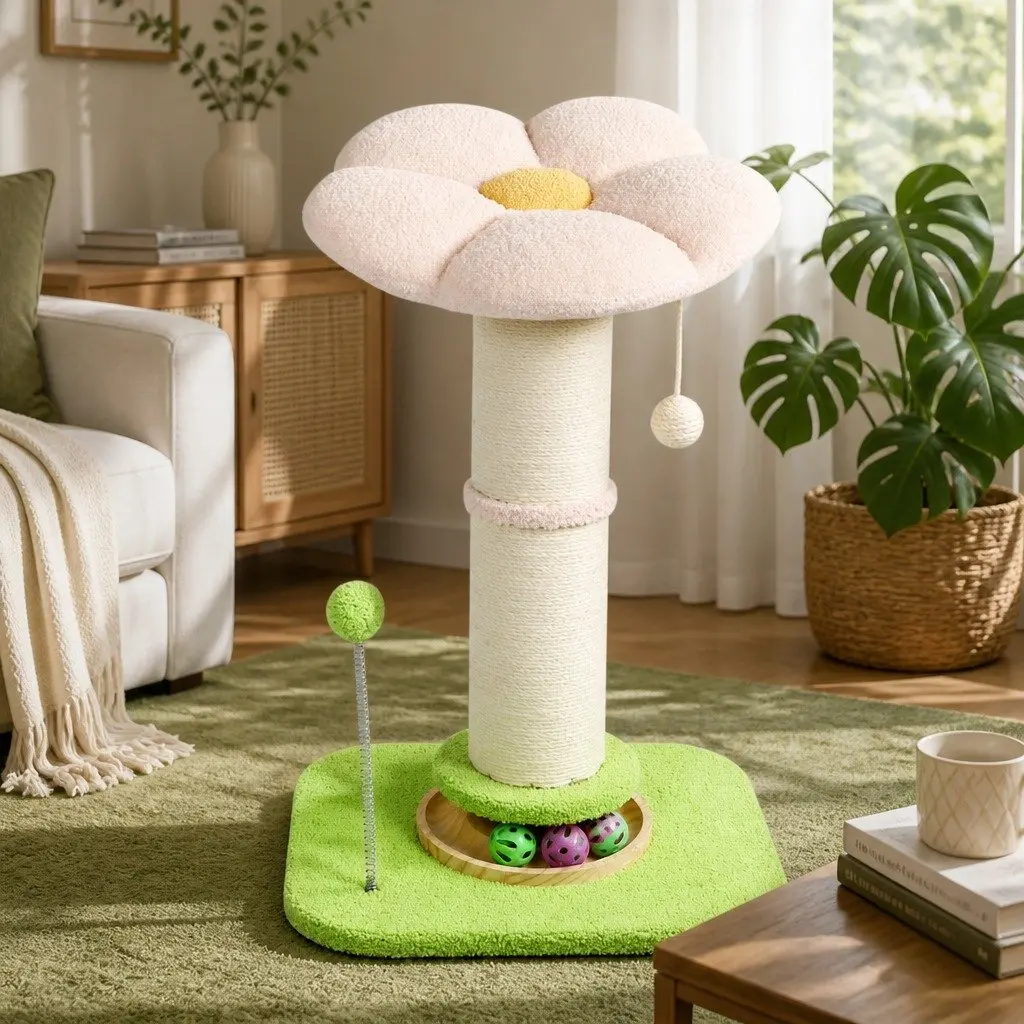 Cat Scratching Post Flower Tower Plush 61.5cm Indoor Feline Tree with Natural Sisal Wrapped Post and Interactive Play Balls