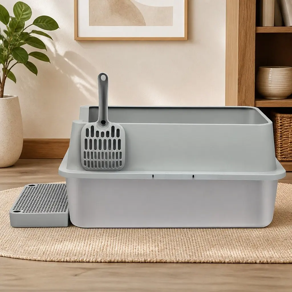 Large Semi-Enclosed Cat Litter Box Stainless Steel High Sided Splash Proof Tray
