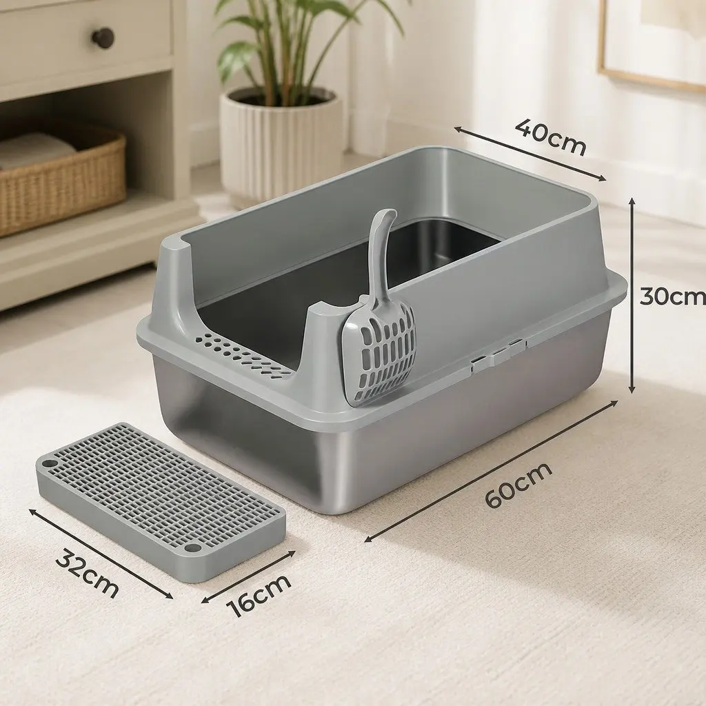 Large Semi-Enclosed Cat Litter Box Stainless Steel High Sided Splash Proof Tray