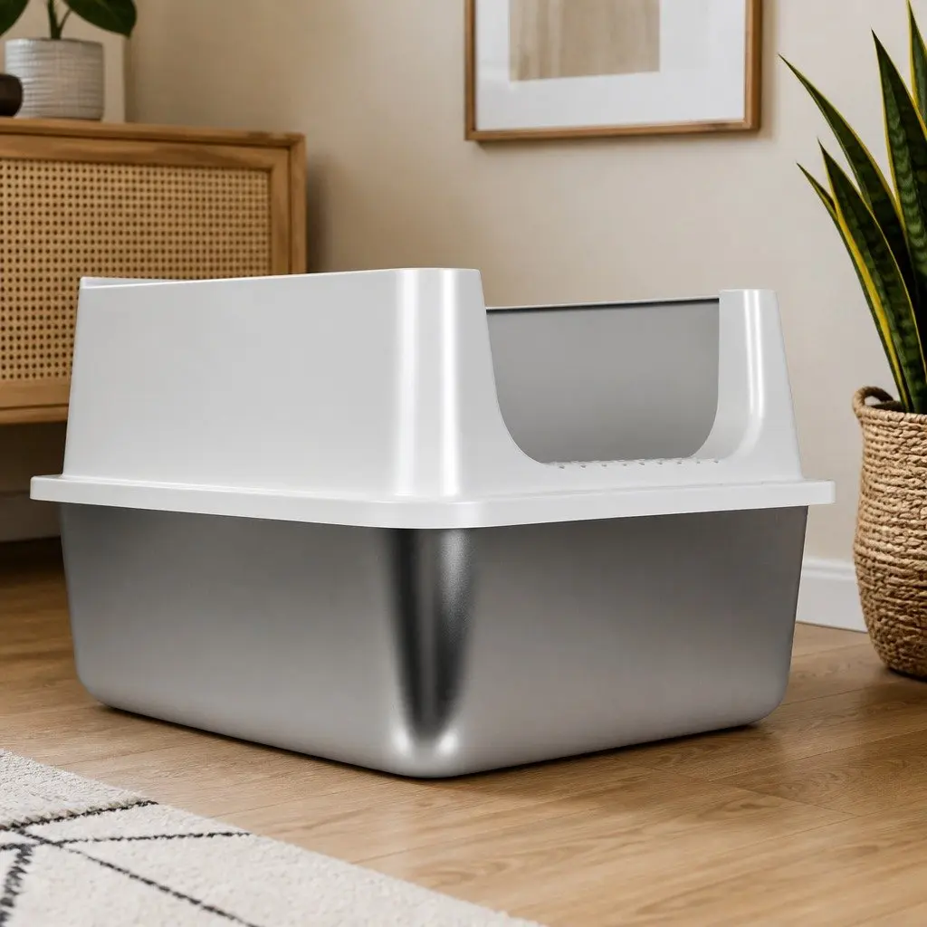 Large Semi-Enclosed Cat Litter Box Stainless Steel High Sided Splash Proof Tray