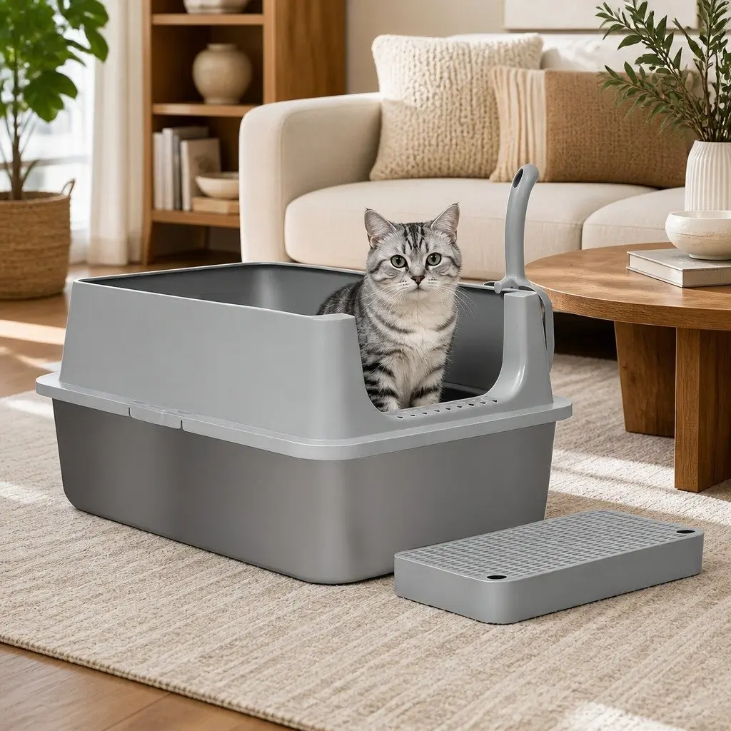 Large Semi-Enclosed Cat Litter Box Stainless Steel High Sided Splash Proof Tray