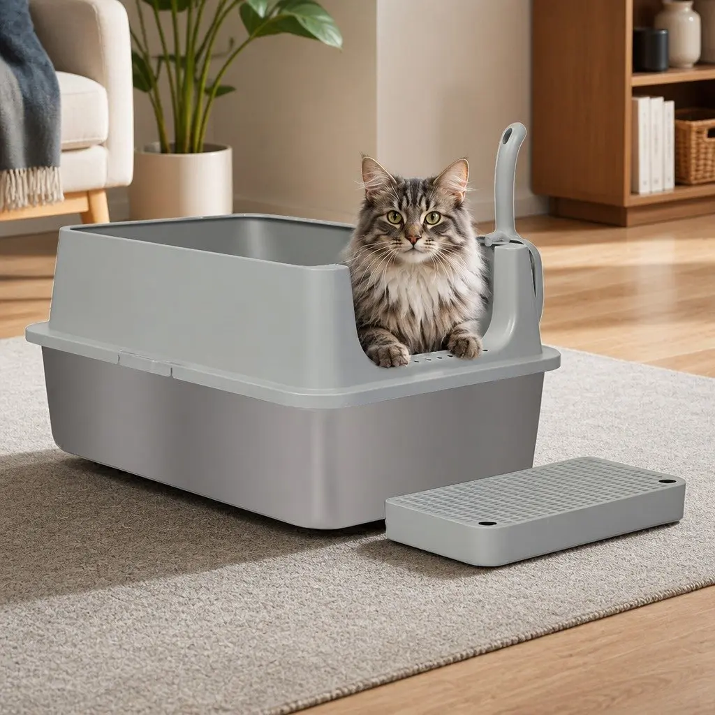 Large Semi-Enclosed Cat Litter Box Stainless Steel High Sided Splash Proof Tray