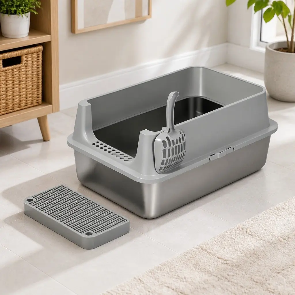 Large Semi-Enclosed Cat Litter Box Stainless Steel High Sided Splash Proof Tray