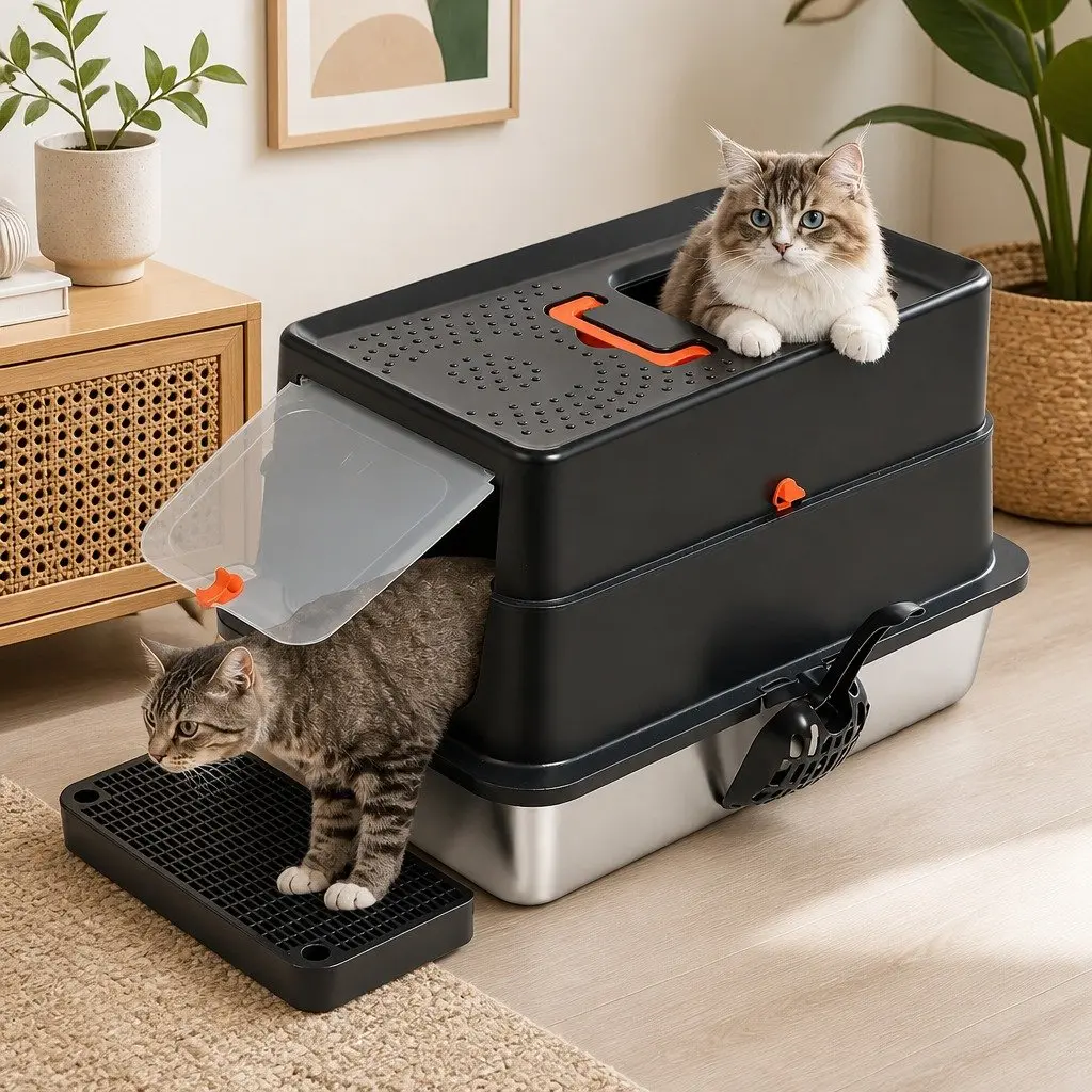 Large Enclosed Cat Litter Box Stainless Steel High Sided 60cm